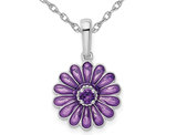 1/10 Carat (ctw) Amethyst and Enamel Flower Pendant Necklace in Sterling Silver with Chain